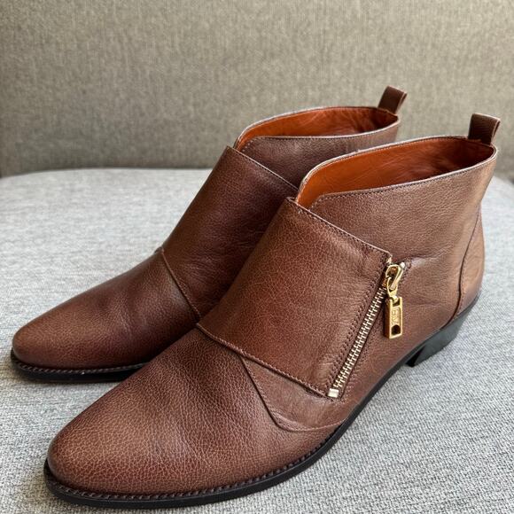 Rebecca Minkoff Leather Ankle Booties Zip Up Pointy Toe Brown Women's 10 - Picture 1 of 10